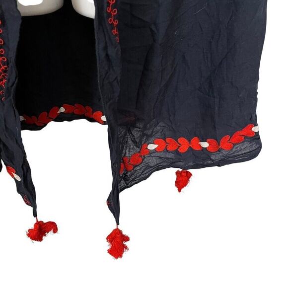 J Crew Embroidered Navy Red Tassel Boho Kimono Open Jacket Longline Sheer O/S - Picture 7 of 16